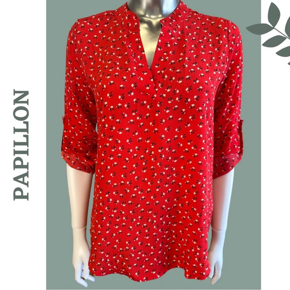 Papillon  Red Blouse Spit V Neck Top Red Black White - Picture 5 of 7